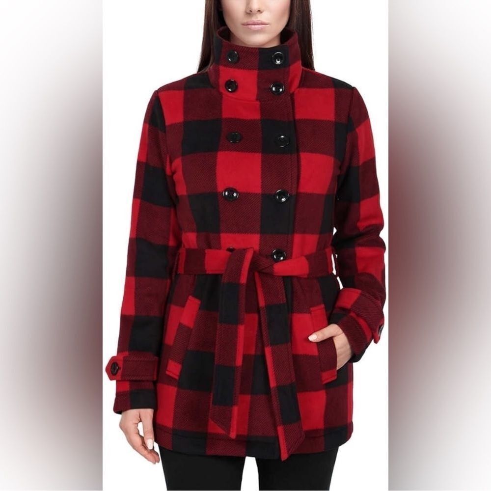 Ike Behar red buffalo plaid fleece coat size small